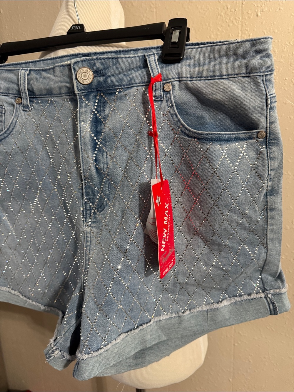 Women's Light Blue Denim Shorts with Studded Diamond Detail - Picture 3 of 8